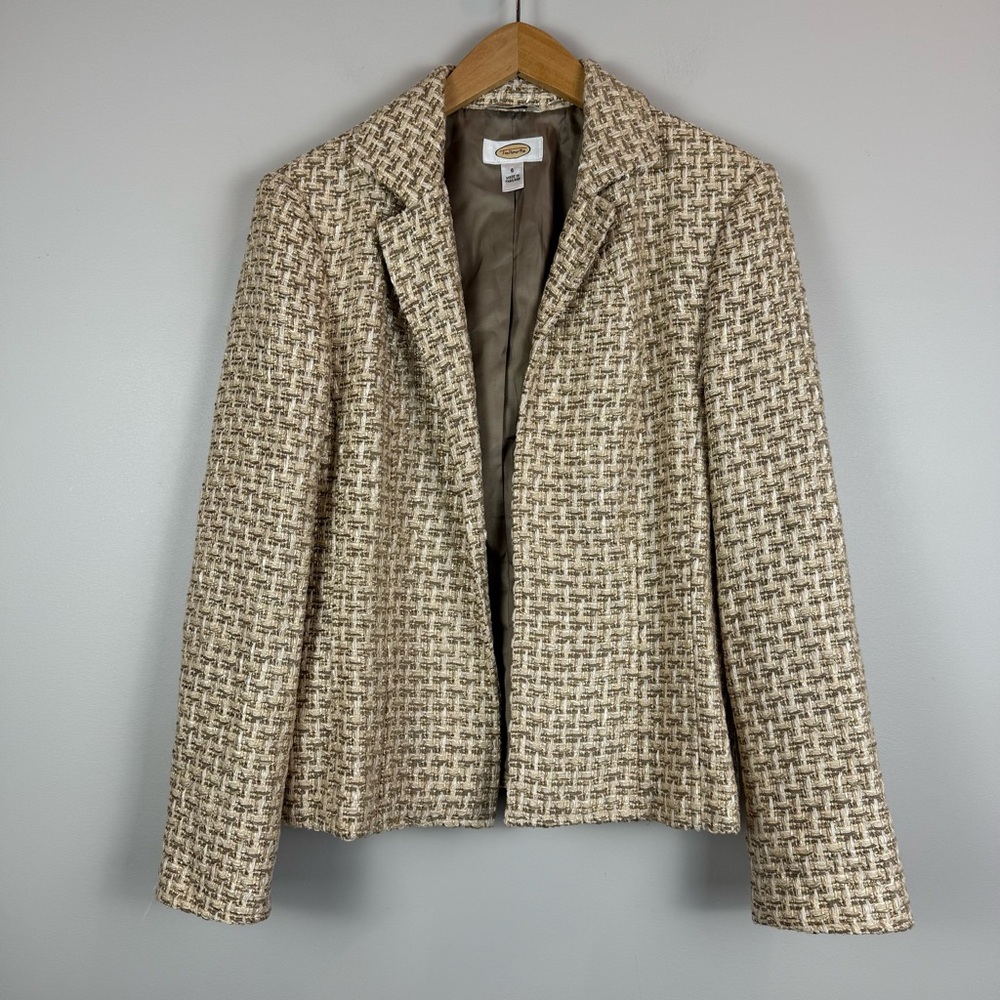 Vtg Talbots Blazer Women's 6 Metallic Gold Beige Tweed Open Front Jacket Italian